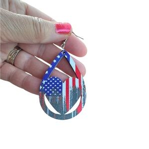 Wooden American Flag Design with Heart Drop Earrings